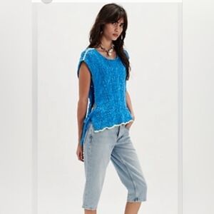Free People Arlo Malibu Blue Sleeveless Open Sides W/ Ties & Cream Trim